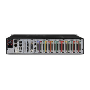 Desktop PC tower rear panel with colored expansion slots, USB, Ethernet, and audio ports for device connectivity.