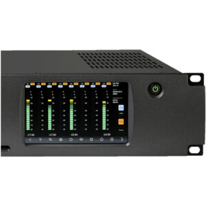 Black Prism Sound Dream ADA-128 rackmount audio interface with digital meters, settings display, and green power button on right.
