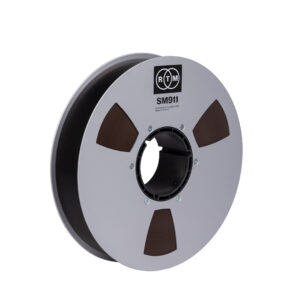 RTM SM911 R34420 2 NAB Precision Reel: pro analog audio tape, silver hub, four brown tape sections.