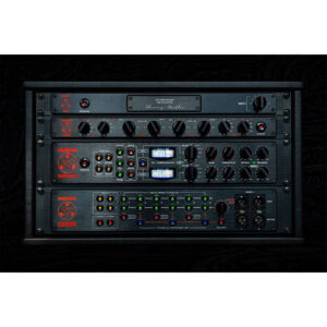 Neatly arranged rack-mounted audio gear with knobs, switches, meters, and LED lights in a sleek black frame against a dark backdrop.