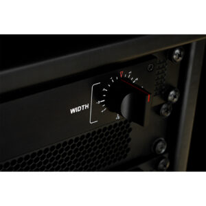 Black audio rack panel with vent holes, screws, and a large white-marked WIDTH knob set near maximum.