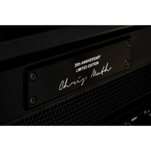 Sleek black metal 20th ANNIVERSARY LIMITED EDITION plate with Chris Meth signature, mounted on a black mesh panel.