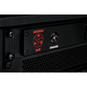 Dangerous S&M black rackmount audio unit with red logo, ENGAGE button, metal screws, and perforated ventilation panels.