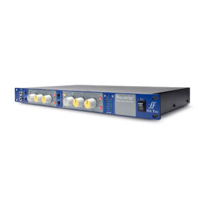 Focusrite ISA Two dual mic preamp, 1U rackmount, black/blue chassis with yellow/silver knobs and multiple I/O ports.