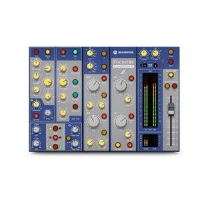 Focusrite ISA One desktop preamp features blue/silver panels, multicolor knobs, buttons, LED meters, and right-side fader.