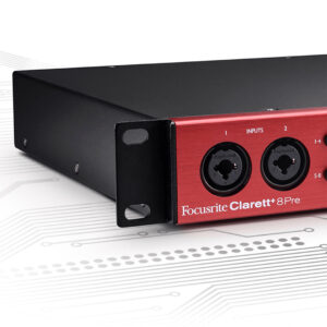 Focusrite Clarett+ 8Pre rackmount audio interface features a sleek red front panel with combo jacks, set on a circuit board backdrop.