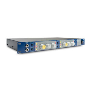 Focusrite ISA Two rackmount preamp features blue side panels, front control knobs, indicator lights, and dual input jacks.