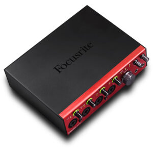 Focusrite Clarett+ 4Pre black/red audio interface with 4 inputs, gain knobs, LED meters, large volume knob, and headphone outs.