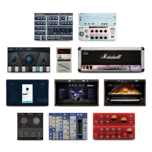 Twelve digital audio plugin interfaces—synths, drum machines, amp sims, mixers—displayed on a crisp white background.