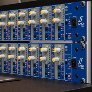 Focusrite ISA828 MkII preamps with blue/silver knobs, LED meters, rackmounted, upgraded with ISA ADN8 Dante card.