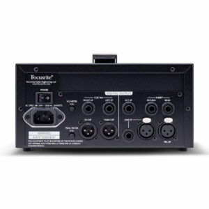 Focusrite ISA One rear panel: blue/silver desktop preamp with XLR, 1/4 jacks, AC in, power switch, and labeled connections.
