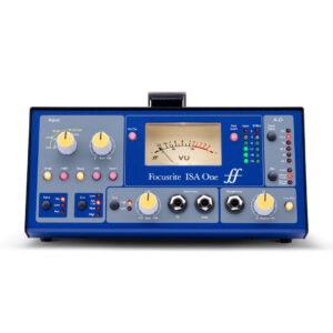 Focusrite ISA One preamp features a blue chassis, yellow and gray knobs, analog VU meter, and right-side LED metering.