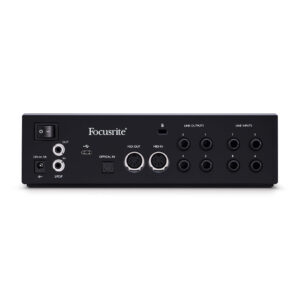 Focusrite Clarett+ 4Pre rear panel: power switch, USB, MIDI I/O, optical in, S/PDIF out, multiple 1/4” line I/O; desktop unit.