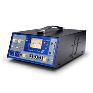 Focusrite ISA One preamp features a blue front panel, VU meter, knobs, LEDs, black case, carry handle, and side logo.