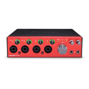 Focusrite Clarett+ 4Pre audio interface features a red-black design, 4 combo inputs, silver volume knob, and dual headphone jacks.