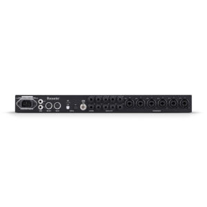 Focusrite Clarett+ 8Pre rackmount audio interface rear in red, showing XLR/TRS combos, MIDI I/O, USB, and power ports.