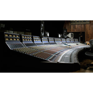 Focusrite ISA Two rackmount preamp in a pro studio with monitors, mixing console, and wood-paneled walls.