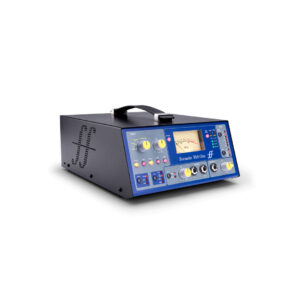 Focusrite ISA One preamp in black and blue with front panel knobs, switches, analog meter, and handle on white background.