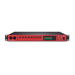 Focusrite Clarett+ 8Pre: red rackmount audio interface with input knobs, LED meters, headphone jack & front-panel I/O ports.