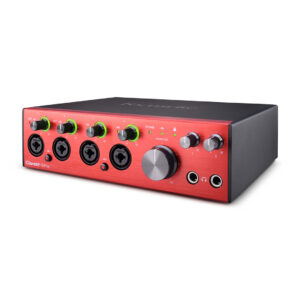 Focusrite Clarett+ 4Pre USB interface with red front panel, four combo inputs, green-lit knobs, and dual headphone ports.