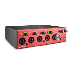 Focusrite Clarett+ 4Pre USB audio interface features a red front panel, four lit input knobs, controls, and dual headphone outputs.