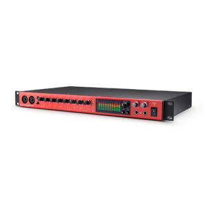 The Focusrite Clarett+ 8Pre is a red and black rackmount audio interface with front-panel knobs, buttons, LEDs, and ports.