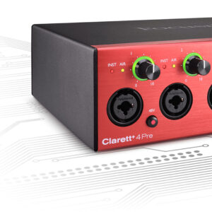 Focusrite Clarett+ 4Pre audio interface features a red front panel, dual lit input knobs, and combo XLR/TRS jacks.