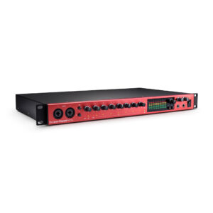 Focusrite Clarett+ 8Pre red and black rackmount audio interface with knobs, buttons, input ports, and LED level indicators.
