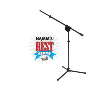 Black Latch Lake micKing MK1100 Upright Mic Stand with Boom, shown next to a NAMM Best in Show award on white background.