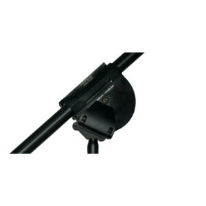 Latch Lake micKing MK1100 black clamp secures intersecting metal rods, upright stand and boom, on white background.