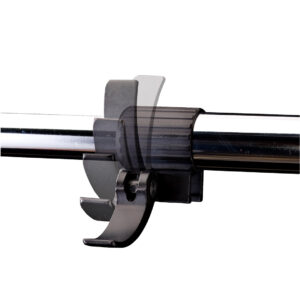 Black adjustable plastic lever clamp on shiny metal rod—ideal for mic stands like Latch Lake micKing MK1100. White background.