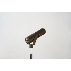 Stager SR-5 black ribbon microphone on stand set against a plain light gray background.