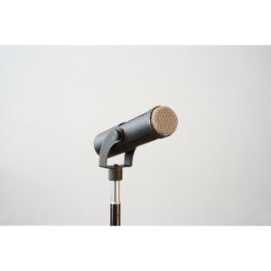 Stager SR-5 gray cylindrical microphone on stand, sleek design, set against a clean light gray background.