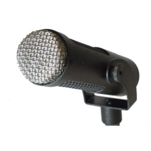 Stager SR-5 dynamic microphone, black body with silver mesh grille, on stand, isolated against white background.