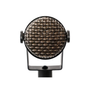 Stager SR-5 ribbon microphone front grille in silver metal mesh, centered on white background with visible support structure.