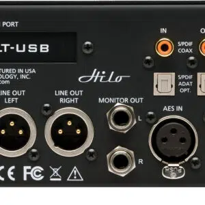 Black rackmount AD/DA converter with touchscreen, USB, XLR, AES, SPDIF, word clock ports and AC input on rear panel.