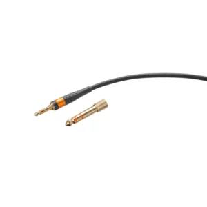 Neumann NDH 30 Open Box featuring a premium black audio cable with gold-plated 3.5mm connector and separate gold 6.35mm adapter, both highlighted with signature orange accents, presented on a crisp white background—available now at Providence Sound And Vision.