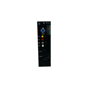 API 512c 500 Series Mic Preamp, black vertical rackmount, blue gain knob, LED meters, labeled buttons.