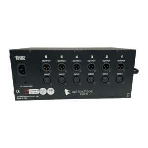 API Model 6B rackmount unit (SN 501.2912) rear: six XLR I/O pairs, power specs, manufacturer info; preowned condition.