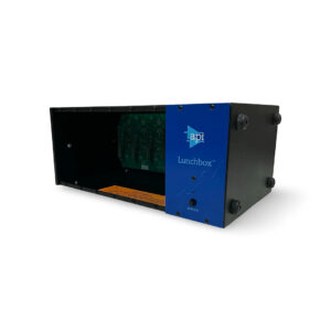 Preowned API Model 6B Lunchbox audio chassis, SN 501.2912, black/blue, rackmount form, input slots, front power button.