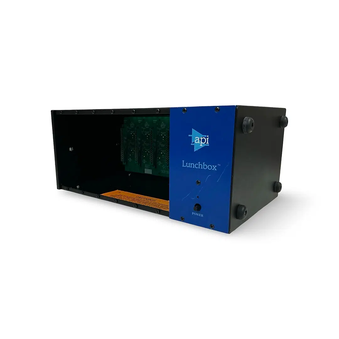 Preowned API Model 6B Lunchbox audio chassis, SN 501.2912, black/blue, rackmount form, input slots, front power button.