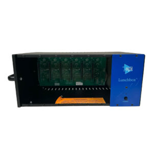 Preowned API Model 6B Lunchbox audio chassis, black/blue, visible circuit boards, labeled front, empty slot for modules.