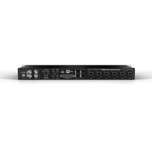 Antelope Audio Discrete 8 Pro Synergy Core audio interface, black rackmount, rear: XLR, combo jacks, MIDI, USB, digital I/O.
