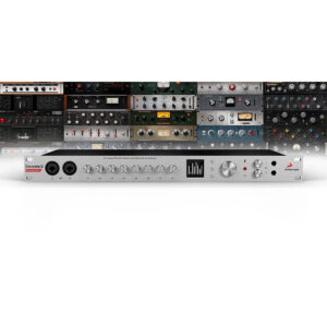 Antelope Audio Discrete 8 Pro Synergy Core rackmount interface, silver finish, with display and knobs, in front of vintage gear.