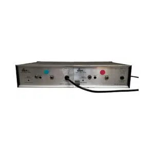 Rear panel of vintage DBX 161 compressor pair in metallic rackmount housing, featuring labeled I/O ports, controls, and power cable.