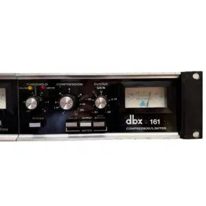 DBX 161 rackmount pair (SN 4601/3668) compressor/limiters with silver face, threshold, compression, gain knobs, VU meter.