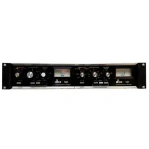 Front view of vintage dbx 161 dual-channel rackmount compressor/limiter with knobs, switches, and analog VU meters.