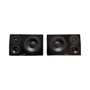 Preowned Dynaudio LYD 48 studio monitors, black, three front drivers each, SN 04019954/04019987, against white background.
