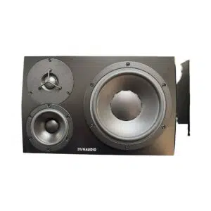 Preowned Dynaudio LYD 48 black studio monitors pair, 3-way, rectangular enclosures, shown with visible drivers.