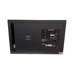 Rear view of preowned Dynaudio LYD 48 studio monitors (pair, black) shows I/O ports, control switches, and product labels.